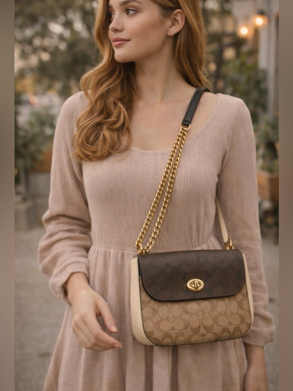 Coach Two-Tone Signature Chain Crossbody in Brown and Cream